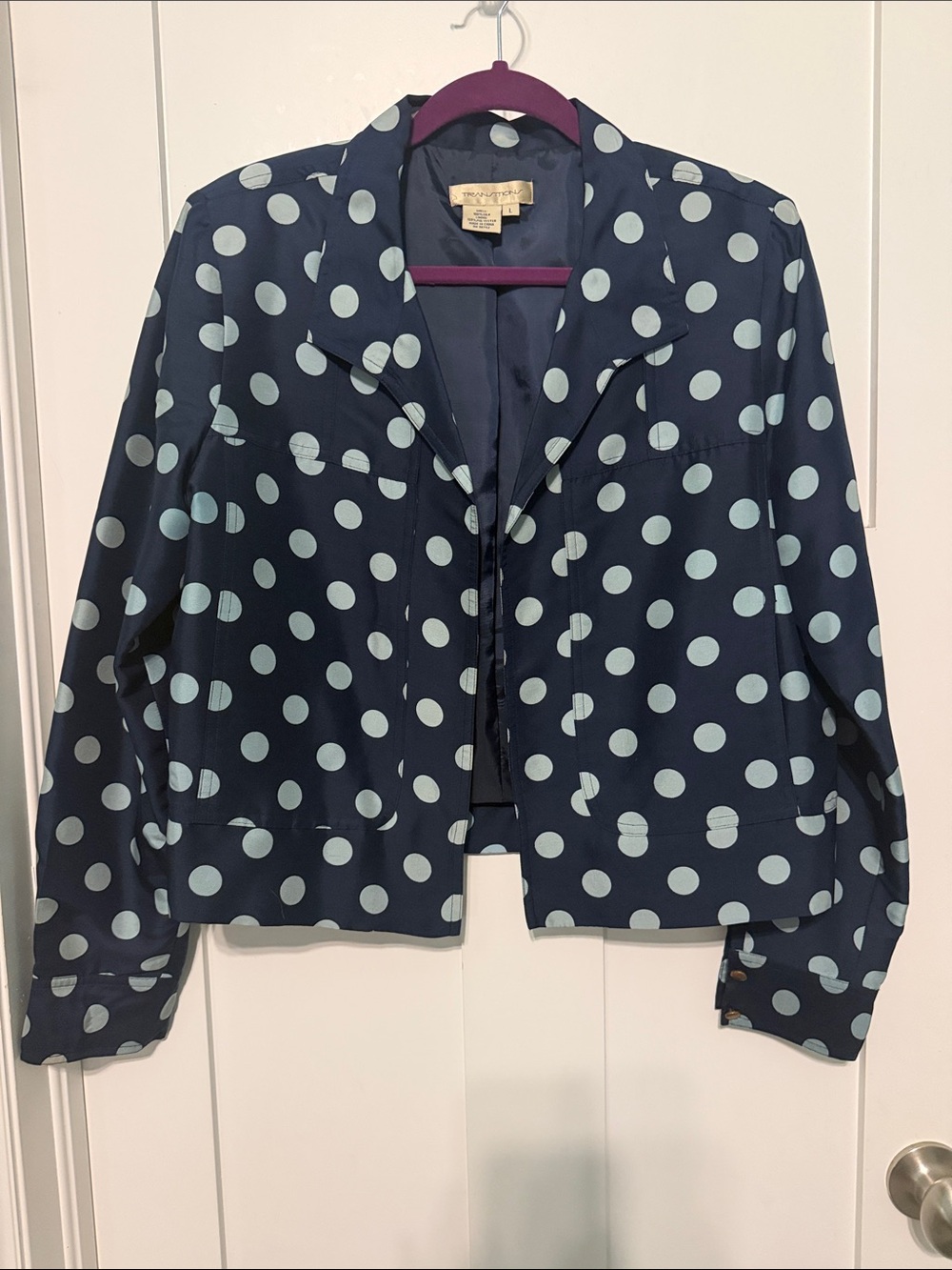 Transitions 100% Silk Vintage 90s Polka Dot Navy Cropped Blazer Size L